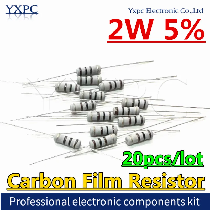 

20 шт. карбоновых пленочных резисторов 2W 2.2R 4.7R 10R 22R 47R 100R 220R 470R 1K 10K 100K 2.2 4.7 10 22 47 100 220 470 Ом 5% 1R ~ 1M
