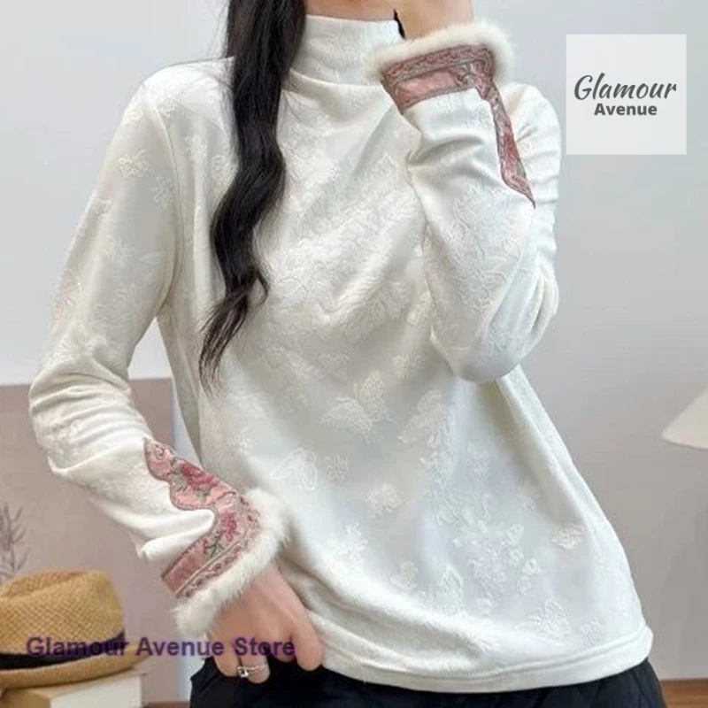 High-grade feeling new Chinese style national style top light and beautiful long-sleeved pink stitching knit bottoming shirt