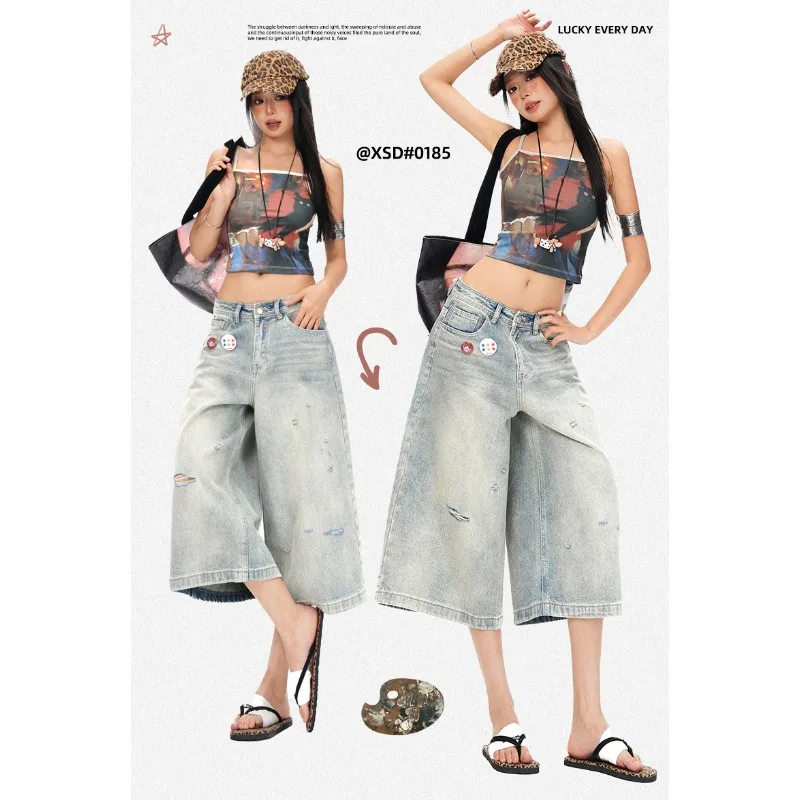 2026 New Summer Unisex Vintage Distressed Denim Culottes Ripped Loose Wide Leg Seven‑Points Cropped Jeans