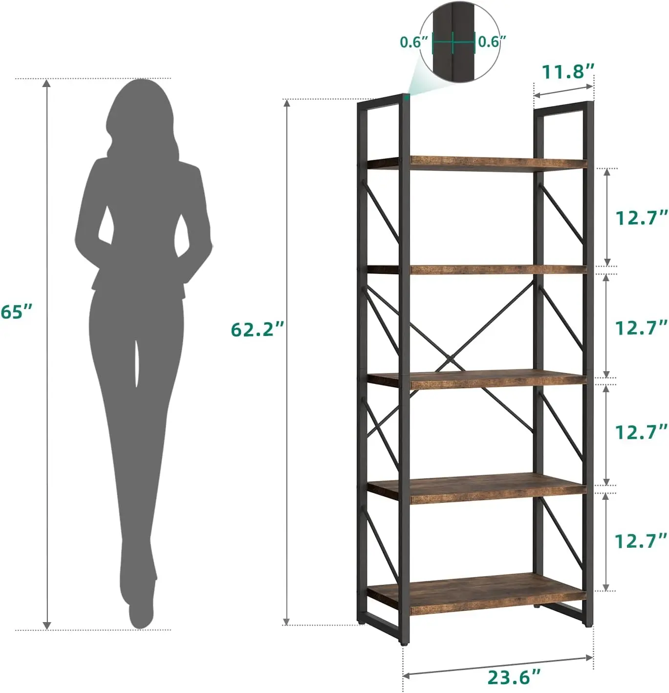 5 Tiers Bookshelf, Artsy Modern Bookcase, Book Rack, Storage Rack Shelves Books Holder Organizer for Books/- Rustic Brown