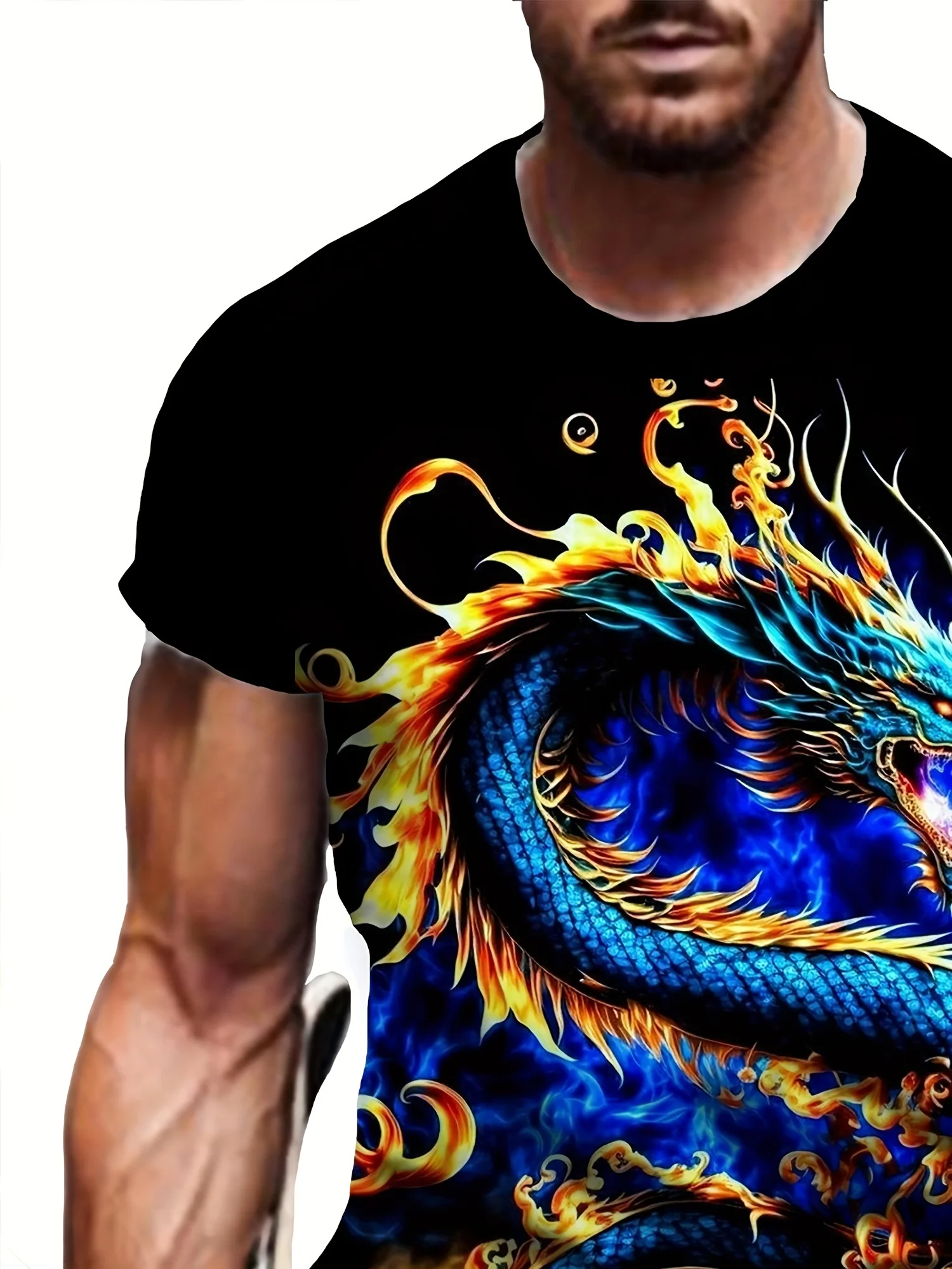 Camiseta masculina com estampa de dragão 3D vibrante – poliéster, camiseta casual e esportiva com gola redonda, lavável à máquina, ideal para festas