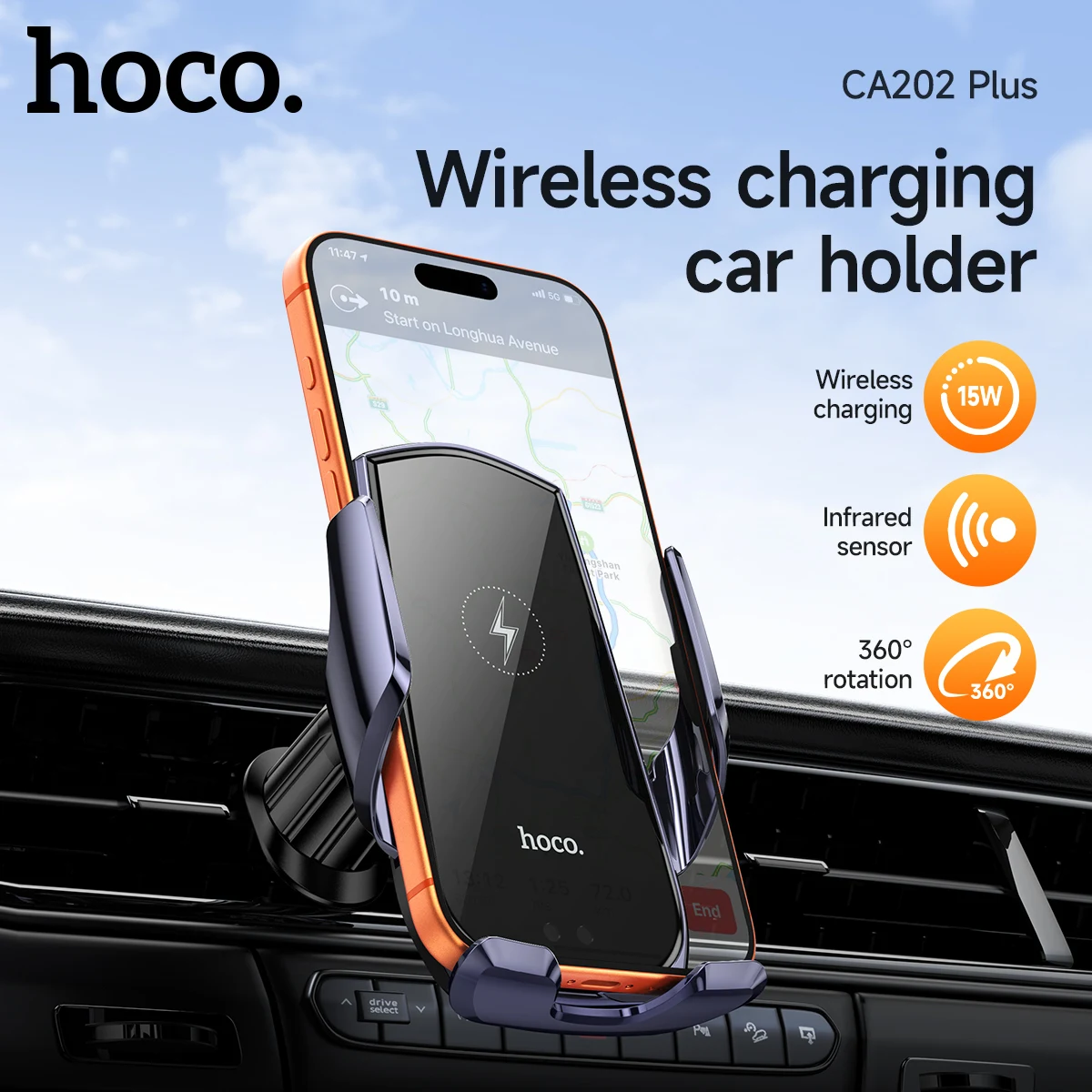 

HOCO Infrared Automatic Induction Wireless Charging Car Holder For iPhone 17 16 Pro Max Air Vent Clip USB C Wireless Car Holder