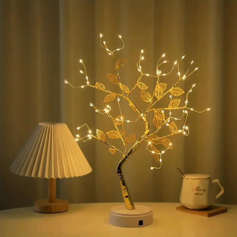 1PC Golden Leaf Led Touch Copper Wire Night Light Tree Light Battery Box USB Christmas Decoration Light String