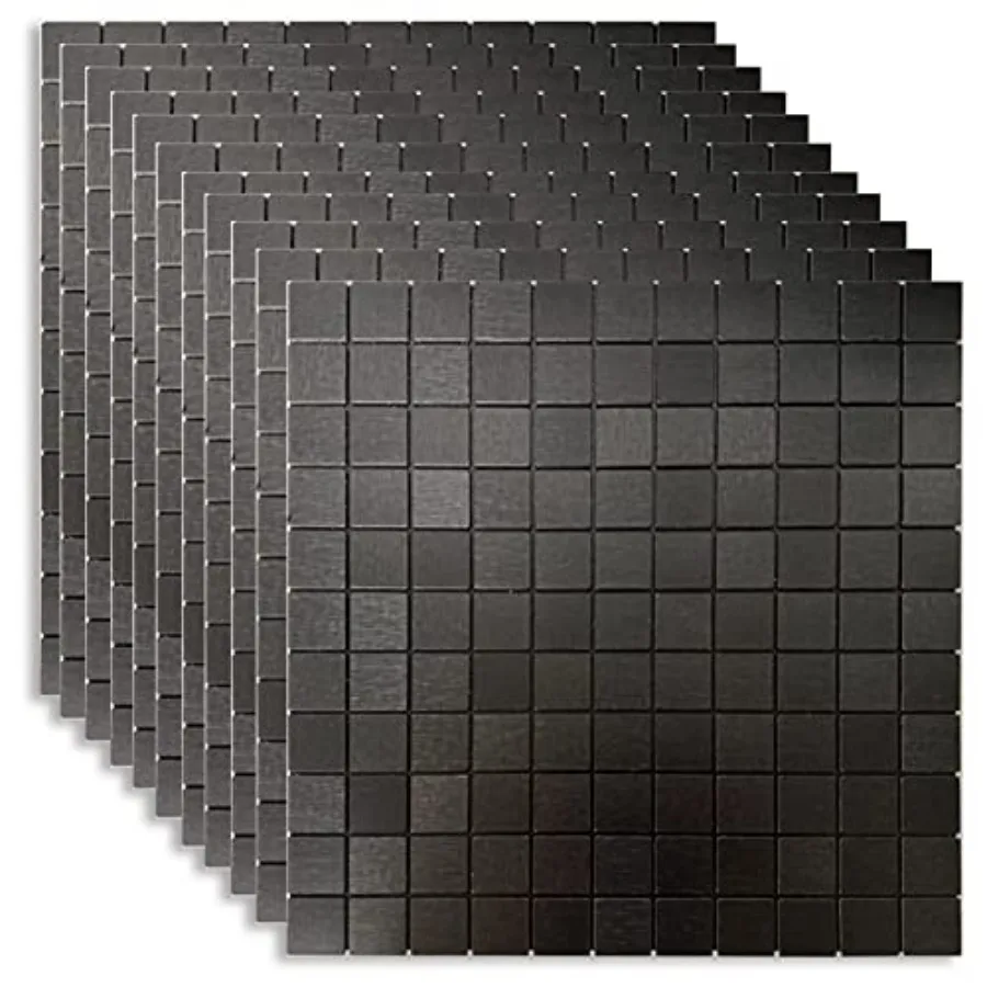 

Kitchen backsplash tiles, brushed aluminum, black, peel-and-stick metal mosaic for easy wall installation 11.41x11.41, 11-sheet