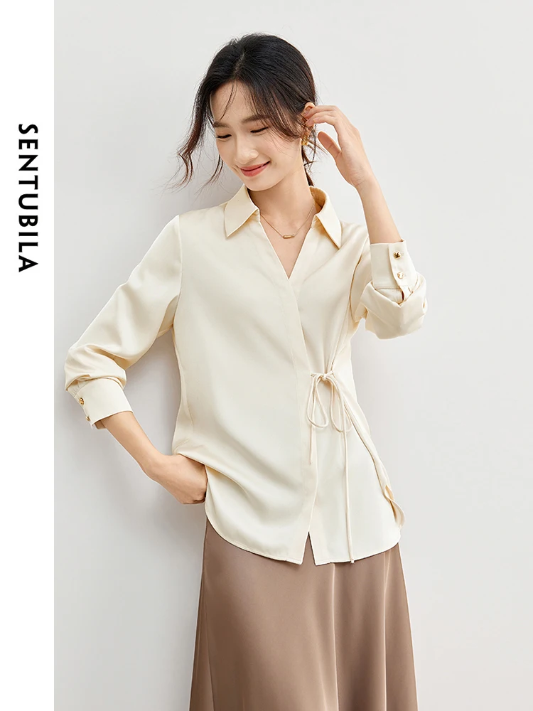 SENTUBILA Spring Fashion Lace-up Waisted Polo Collar Women Blouse 2024 Straight Long Sleeve Shirt for Office Ladies 141C53271