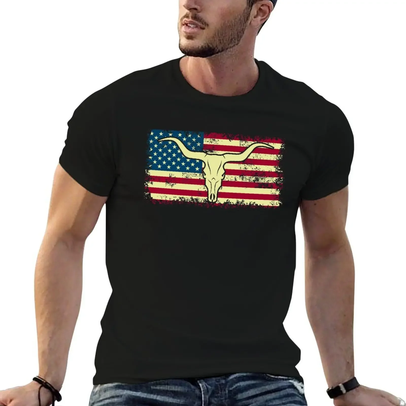 Long Horn American Flag longhorn lover Shirt T-Shirt rapper graphic tees summer clothes men workout shirt