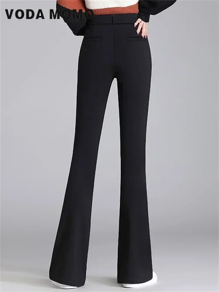 الكورية مكتب سيدة عادية الإناث عالية الخصر جرس طويل أسفل السراويل الخريف الشتاء موضة شق الصلبة مضيئة السراويل النساء السراويل