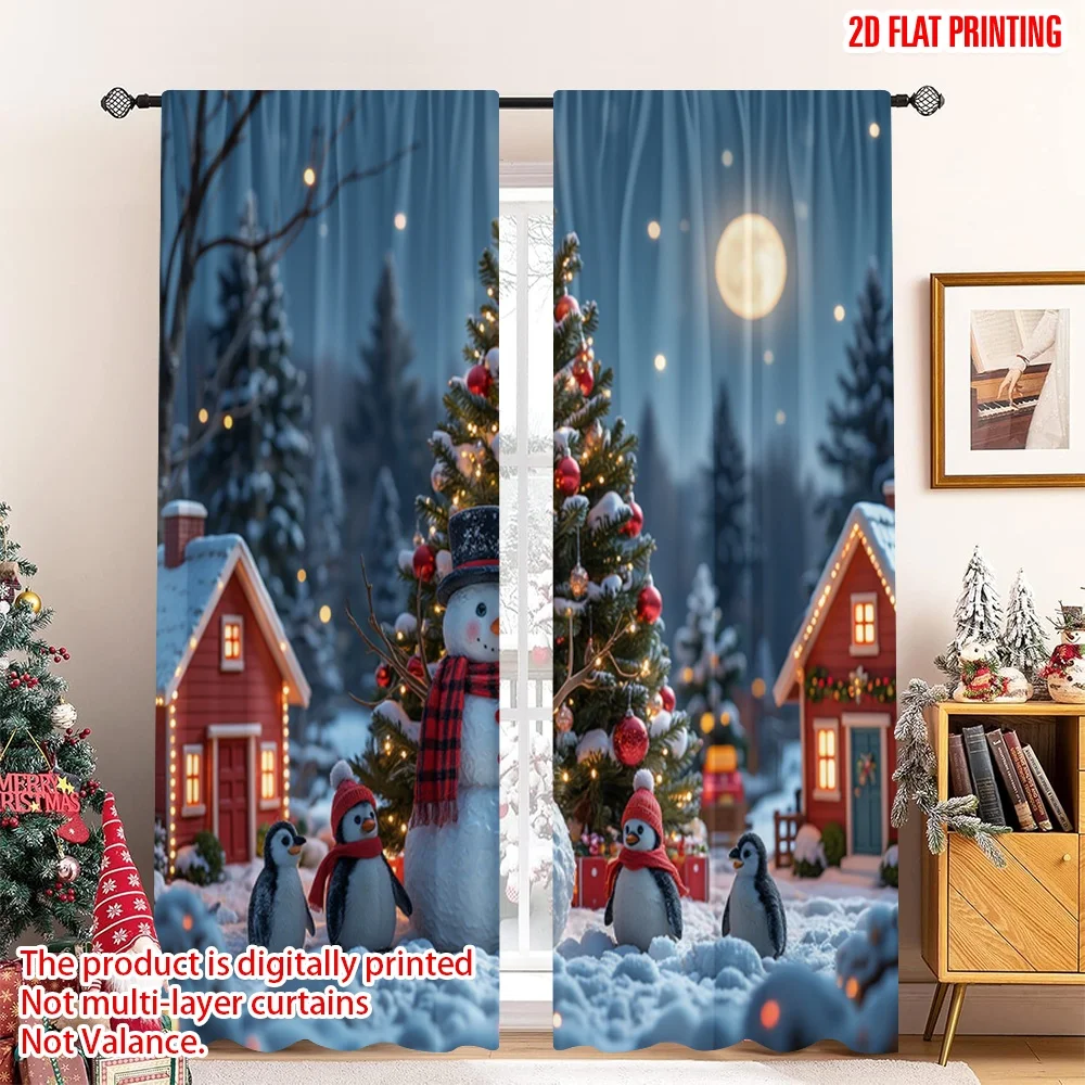 

2pcs 2D flat printing Merry Christmas Drapes Christmas Snowman Penguin Village Polyester Fabric Without Electricity Party &