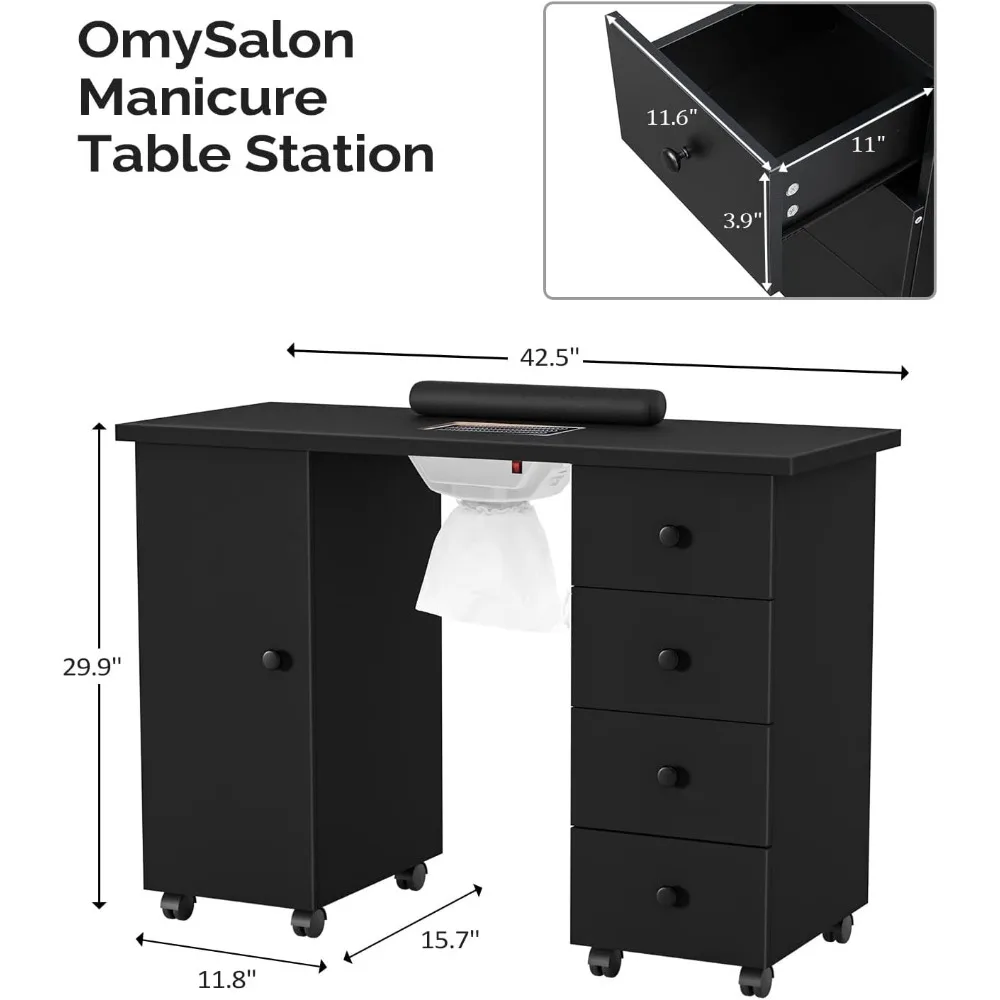 Omysalon โต๊ะทำเล็บโต๊ะทำเล็บโต๊ะทำเล็บสำหรับทำเล็บโต๊ะทำเล็บโต๊ะเสริมสวยอุปกรณ์เสริมความงามพร้อมช่องระบายอากาศไฟฟ้าแบบถอดล้อได้