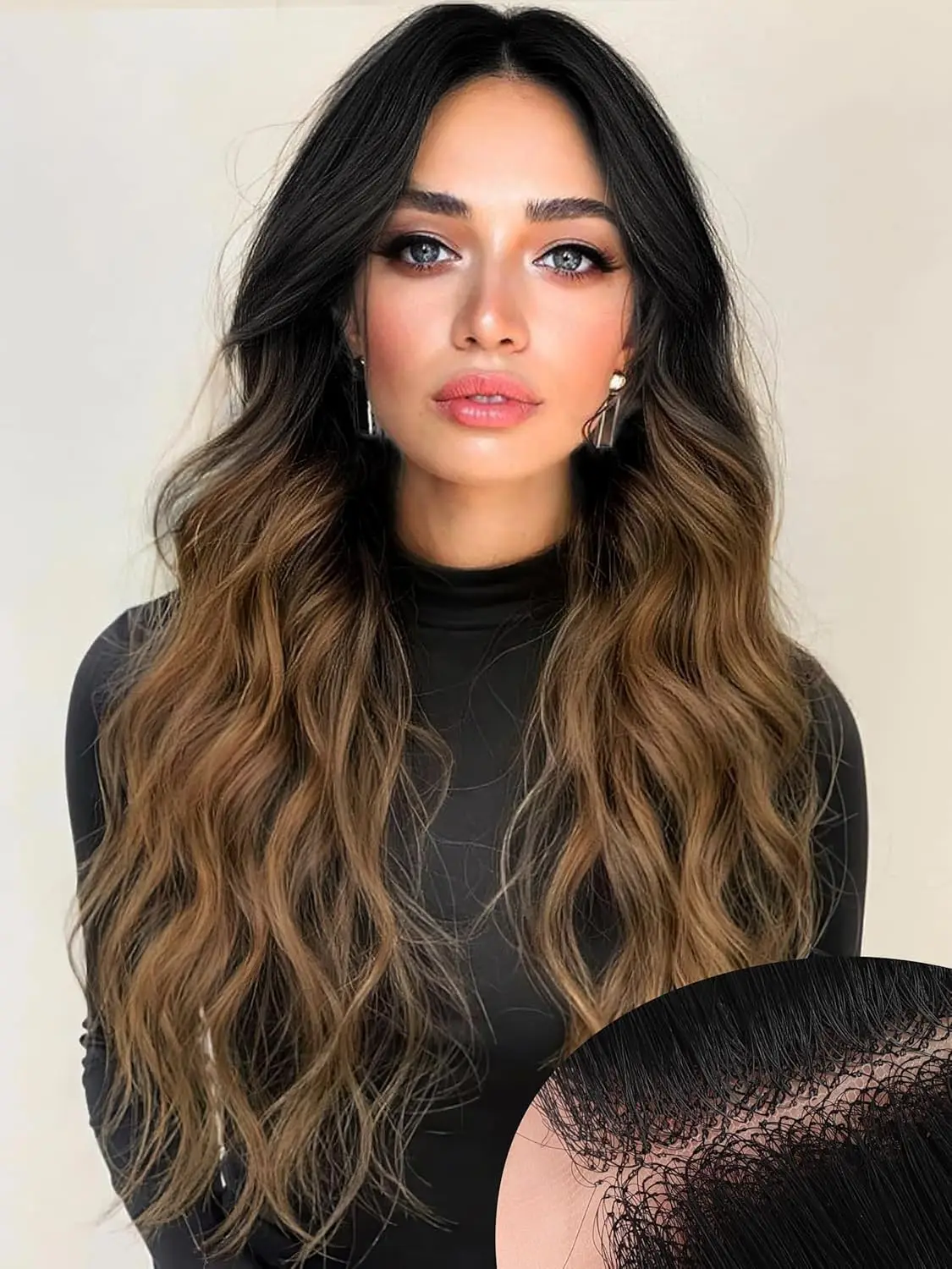 Brown Wig for Women, Long Wavy Black To Brown Lace Hairline Middle Part Synthetic Heat Resistant Wig for Daily Party-26 Inch