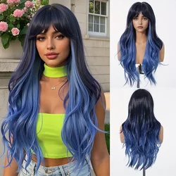 HENRY MARGU Blue Long Wavy Synthetic Wig for Women Dark Blue Natural Wavy Wig with Bangs Cosplay Lolita Wigs High Temperature