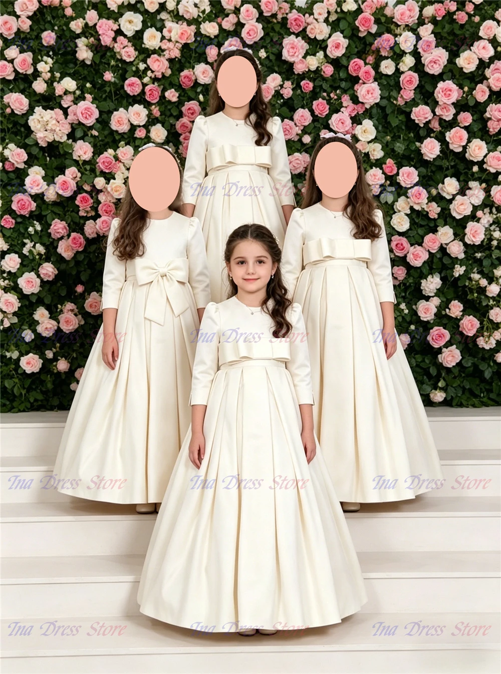 

New Elegant Flower Girl Dress Quality Ivory Satin Fluffy Button Applique for Little Princess Wedding Birthday Evening Ball Gowns