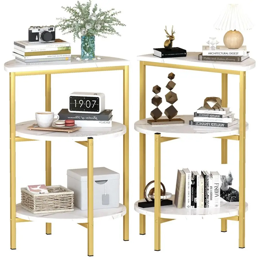 

and Gold End Tables Set of 2, Round Marble Nightstand Set of 2 for Bedroom 3Tier Marble Side Table Small Coffe Table with Metal