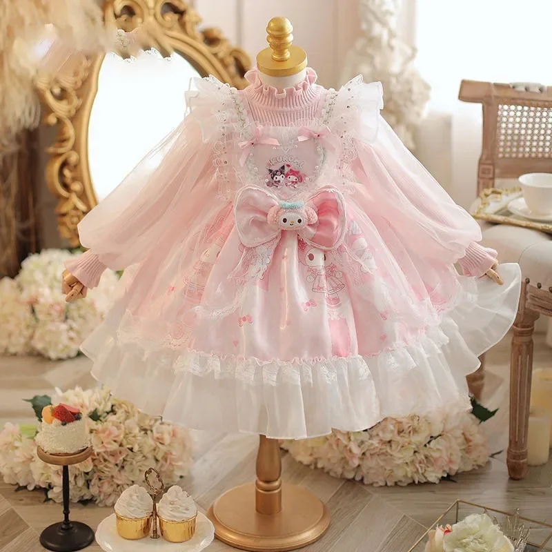 Sanrio Kuromi My Melody Cartoon Soft Cute Girls Autumn and Winter Velvet Skirt Lolita Children's Clothing Princess Skirt Dress