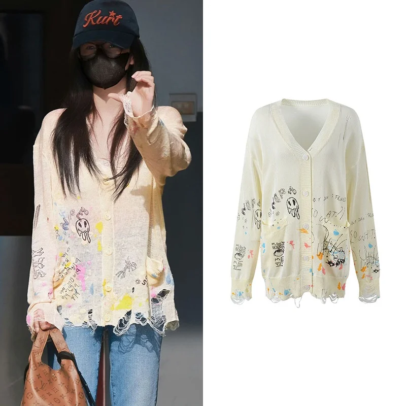 

Лето 2023, новый винтажный вязаный открытый кардиган с принтом ленивых улиц, женский яркий свитер из ледяного шелка