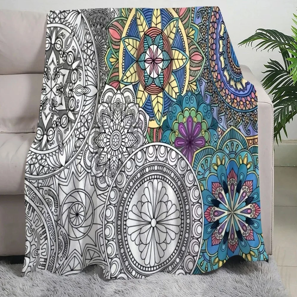 Mixed Color Black White Mandala Flower Flannel Blanket, Bohemian Round Floral Line Art Print Soft Throw for Bedroom Sofa Travel