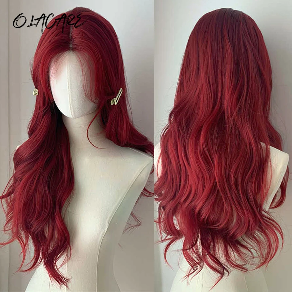 OLACARE Red Synthetic Wigs Long Body Wavy Wig Natural Hairline Daily Red Hair Heat Resistant Fiber Smooth Party Cosplay Wig