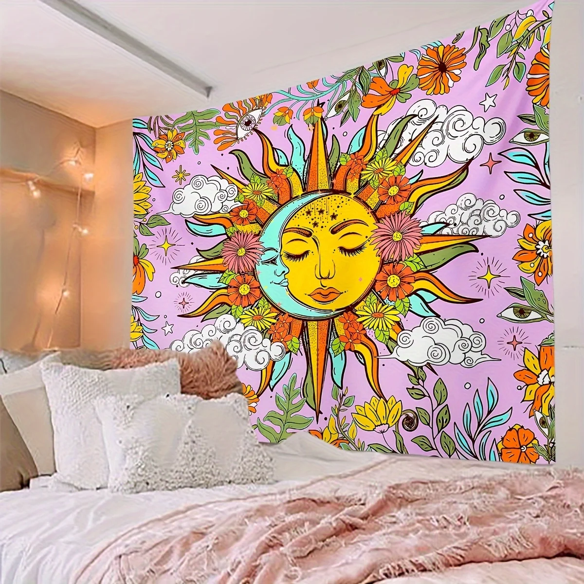 Vibrant Boho Tapestry Wall Hanging Psychedelic Flower Sun Decor Bohemian Room Art Print for Living Space