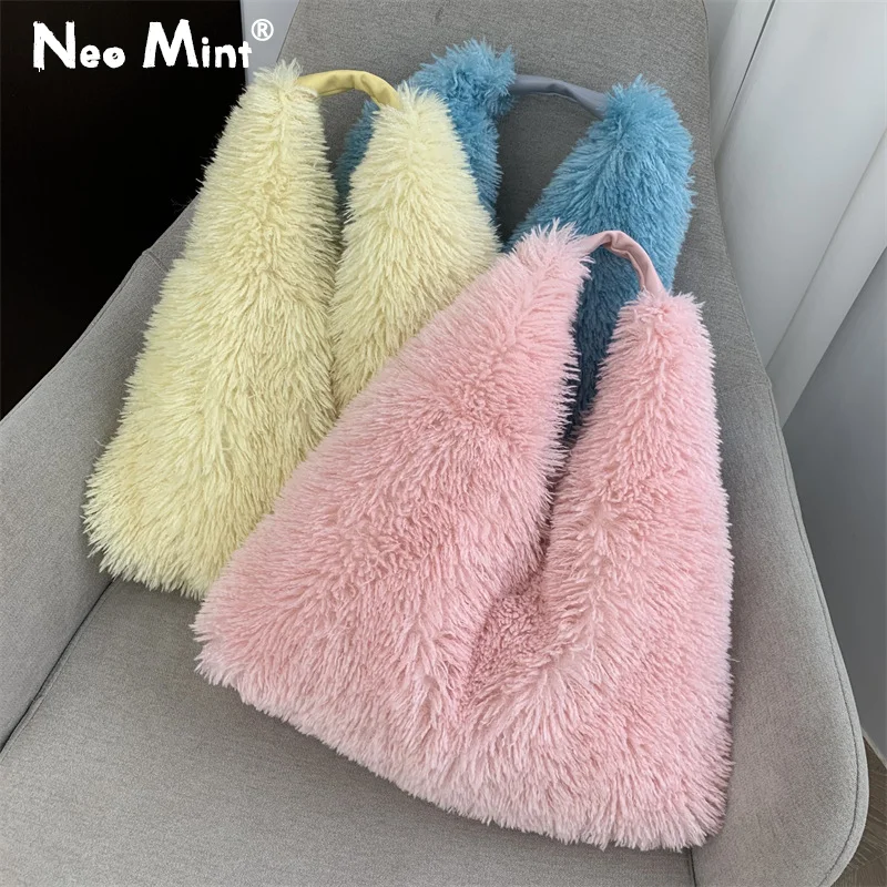 2024 Luxury Designer Faux Fur Tote Bag Women Handbags Autumn Winter Plush Shoulder Crossbody Bags Y2K Girls Brand Shopper Purses