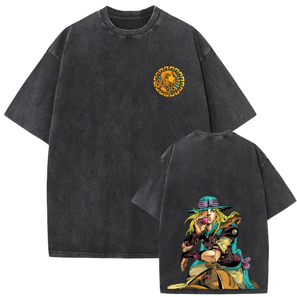 

Anime Jojo's Bizarre Adventure Steel Ball Run Gyro Zeppeli Vintage Acid Washed T Shirt Men Women Manga Casual Oversized T-shirt