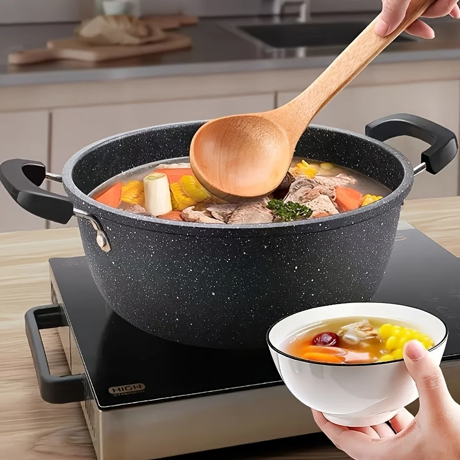 

Multi Functional Non-Stick Cast Iron Soup Pot with Lid And Dual Handles - Large Capacity, Perfect for Stewing, Frying, And Drinking Soup, Compatible with Induction Cookers And Open Flames, Comes with a Spoon