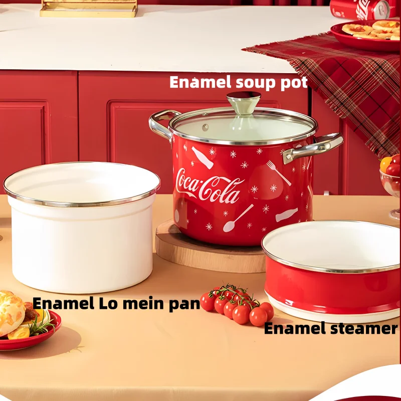 Coca-Cola grote capaciteit multifunctionele kookpot met dubbele oren, emaille soep- en stoompan, noedelzeef, essentieel keukengadget