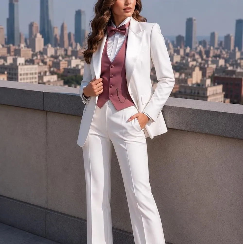 White And Dark Pink Formal Business Women Suit Wedding Party Prom Ladies Mother Tuxedos Costume 3 Piece Set Blazer Vest Pants