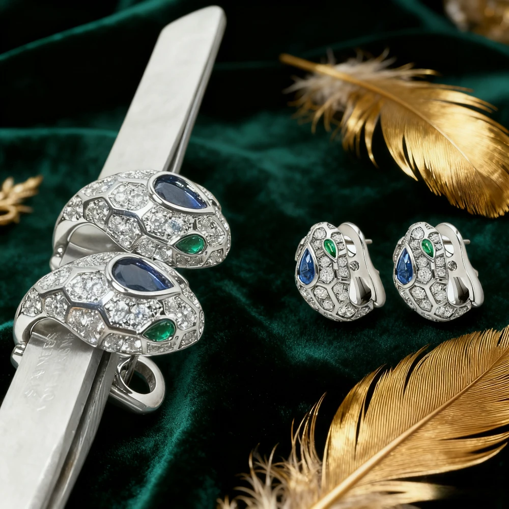 

Модные аксессуары 2025 года. Легкие роскошные серьги со змеиной головой и бриллиантами, нишевый дизайн, модные серьги.