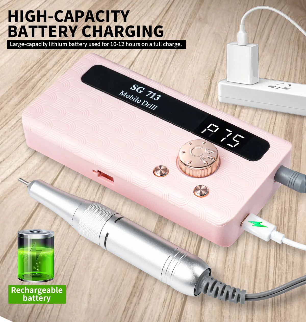 آلة حفر الأظافر القابلة لإعادة الشحن بقدرة 45000 دورة في الدقيقة مع قاعدة سطح المكتب، أظافر كهربائية محمولة احترافية لباديكير مبرد الأظافر