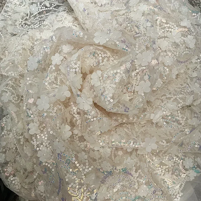 130cm Wide Mesh Embroidery Sequin 3D Flower Tulle Fabric DIY Dress Clothing Handmade Bow Material for Decoration Clothes Crafts
