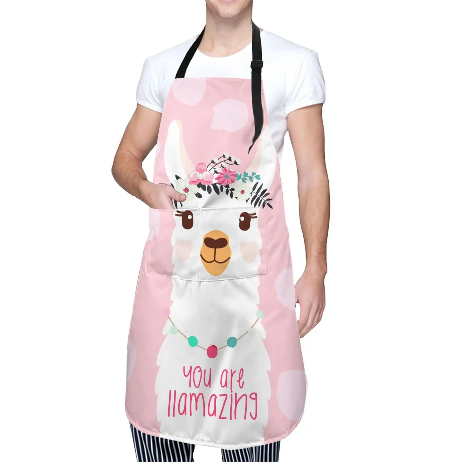 

Cute Llama Alpaca Apron Adjustable Bib Aprons With 2 Pockets For Men Women Chef Waterproof Decorative For Kitchen Cooking