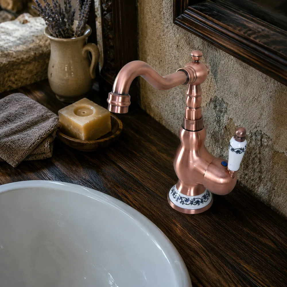 European Manor Antique Copper Basin Faucet Solid Brass Ceramic Handle 360° Swivel Mixer Tap