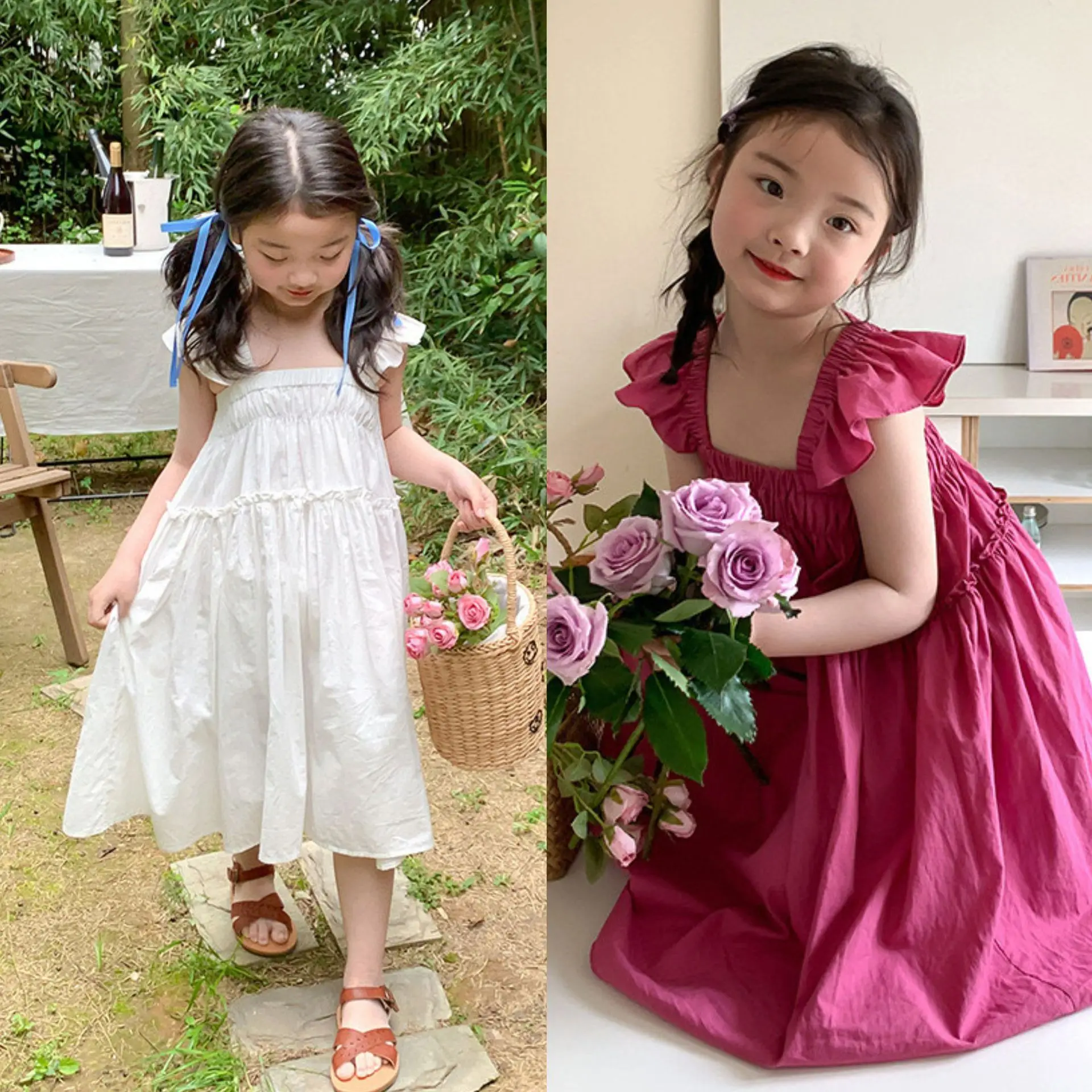 

Girls' Flying Sleeve Dress Summer New Style Fairy Style Children's Princess Dress Strap Long Dress for Middle aged Children