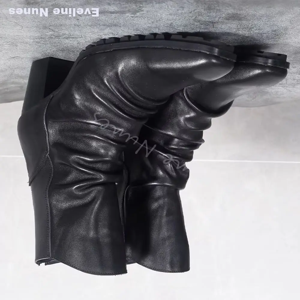 Vintage Men Ruched Pleated Leather Ankle Boots Square Toe Chunky Heel Short Boots Gothic Western Punk Non slip fashion Footwear