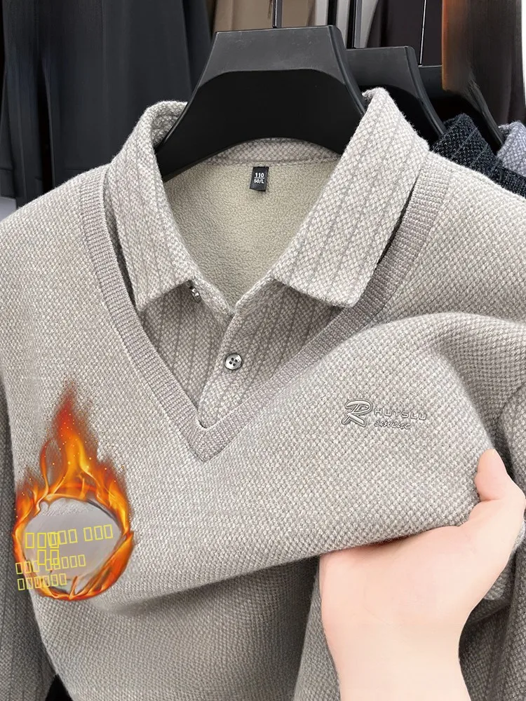 

Thiened One-Piece Fce Lined Knitted Sweater for Men irt Collar Fake Two-Piece Warm Casual Sle Winter Faion for Mid...