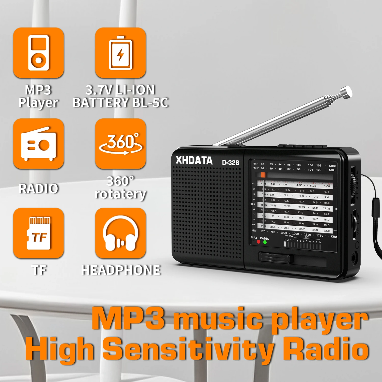 XHDATA D-328 Radio portatile AM FM SW Radio tascabile a 12 bande con lettore musicale DSP/MP3 e slot per schede TF Mini ricevitore radio FM USB