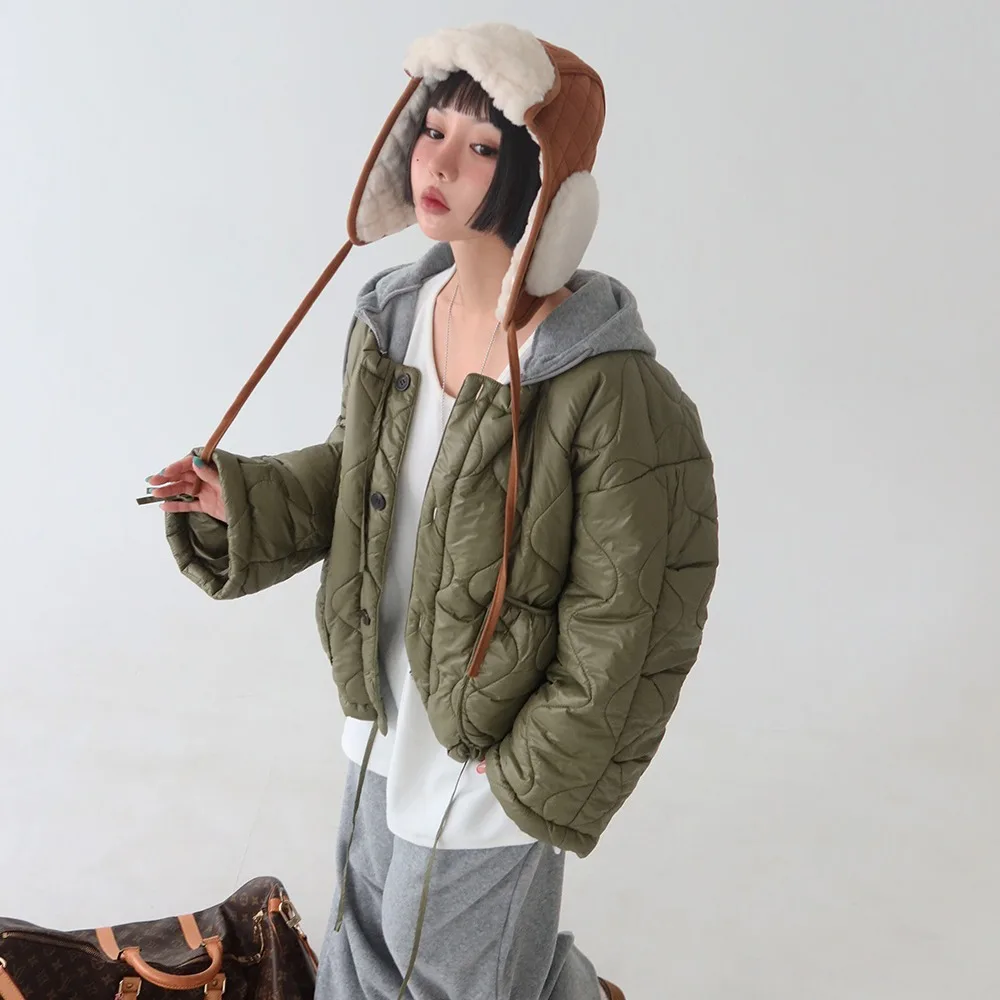 

Ladies Loose Fit Warm Cotton Jaet Wave Texture Color Blo Hooded Coat Korean Sle Autumn Winter Spring Faion Streetwear