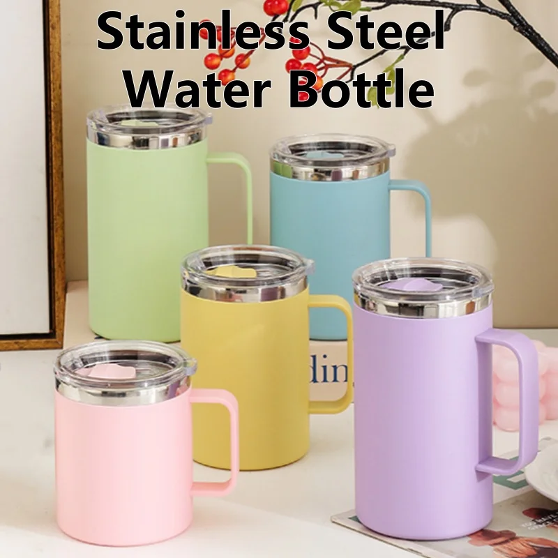 650ML Stainless Steel Water Bottle with Lid and Handle Double Layers Portable Simply Style Coffee Mug Heat Insulation Milk Cup