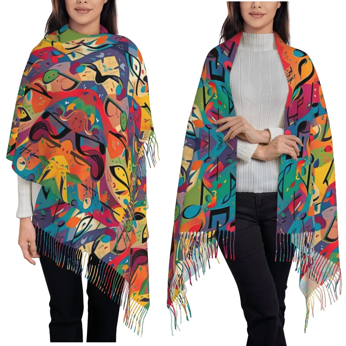 

Gospel Inspired Pattern Colors And Music Notes Scarf Tassel Scarves for Women Warm Shawls and Wraps Long Fall Winter Shawl Wrap