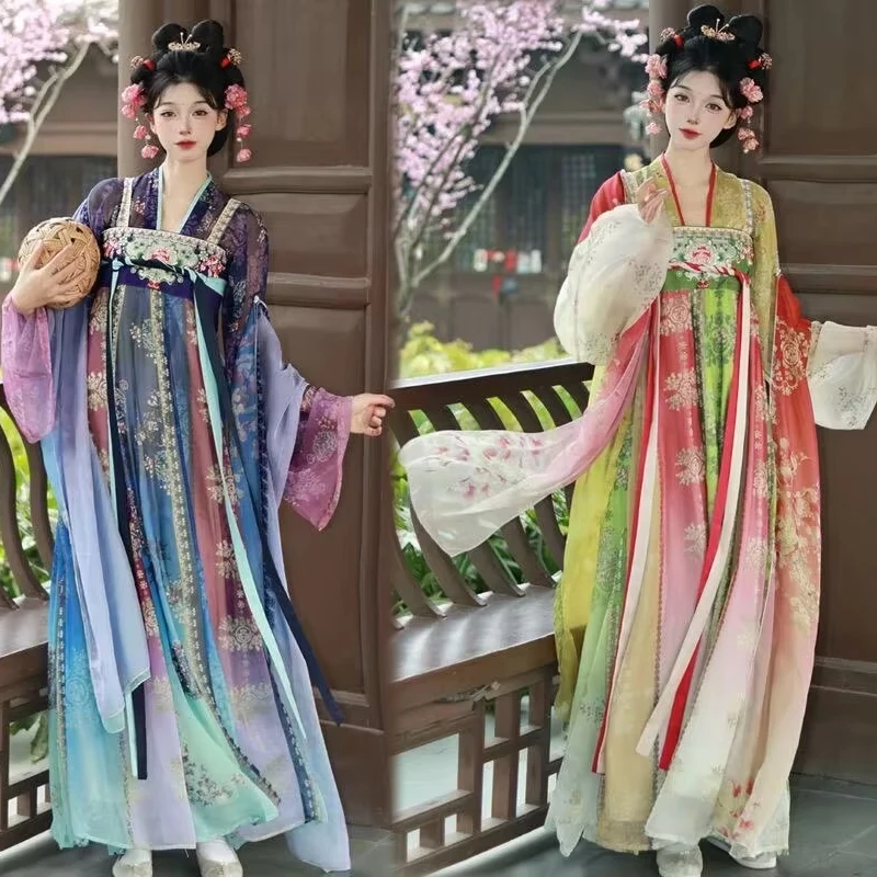 

Women Vintage Gradient embroidery Hanfu Dress Female Goddess Cosplay Stage Performance Outfit Chinese Anicent Costume With Shawl