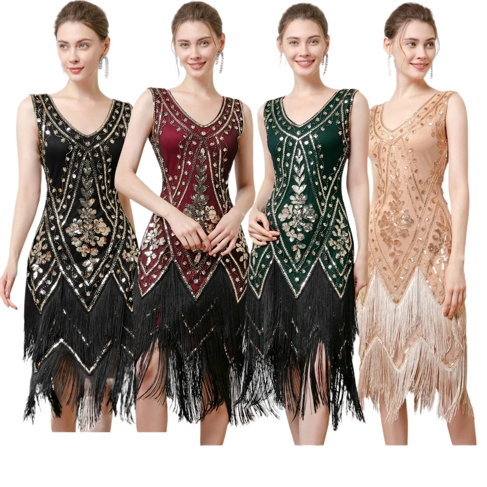 

1920S Vintage Double Fringed Sequins V-Neck Beaded Party Dance Dress