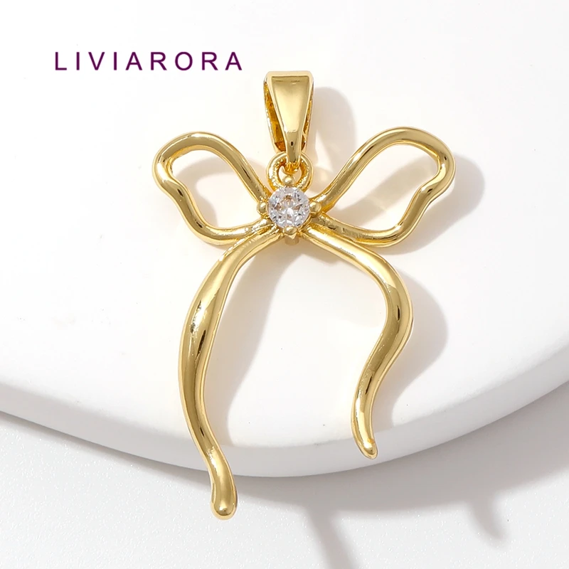 1/2/3Pcs 18K Gold Plated Brass Bow Pendant Zircon Curved Ribbon Bow Knot Ribbon Charms For DIY Necklace Jewelry Making Findings