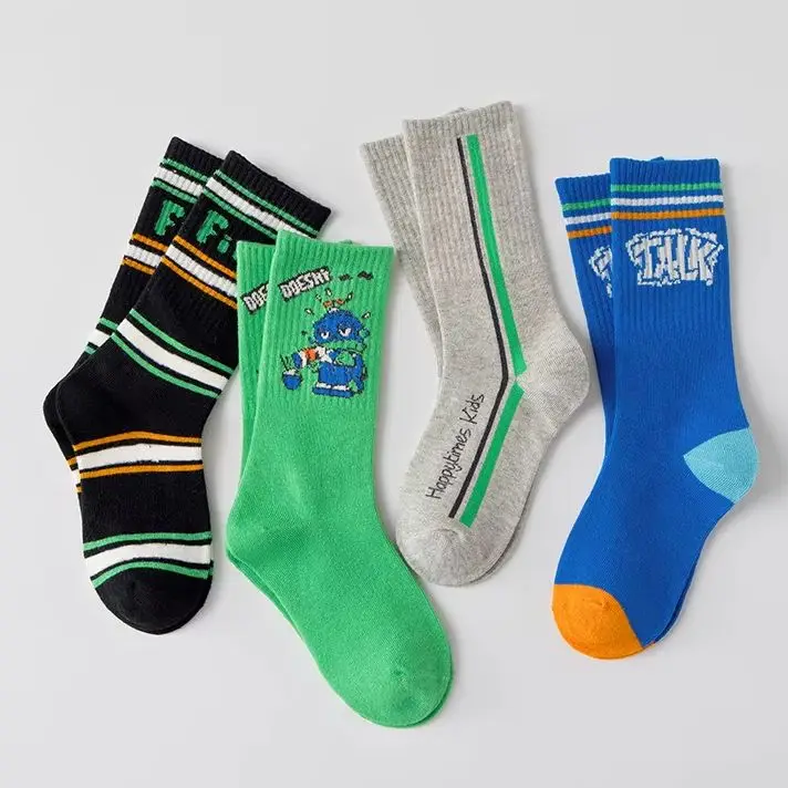4 Pairs Long Socks Children\'s Newest Tennis Socks Knee Socks Cotton Striped Sporty Socks Boys Girls Skating Athletic Socks