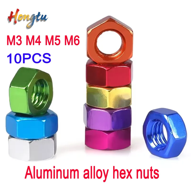 10 colorful aluminum alloy hex nuts (M3, M4, M5, M6 sizes) – lightweight, rust-resistant,