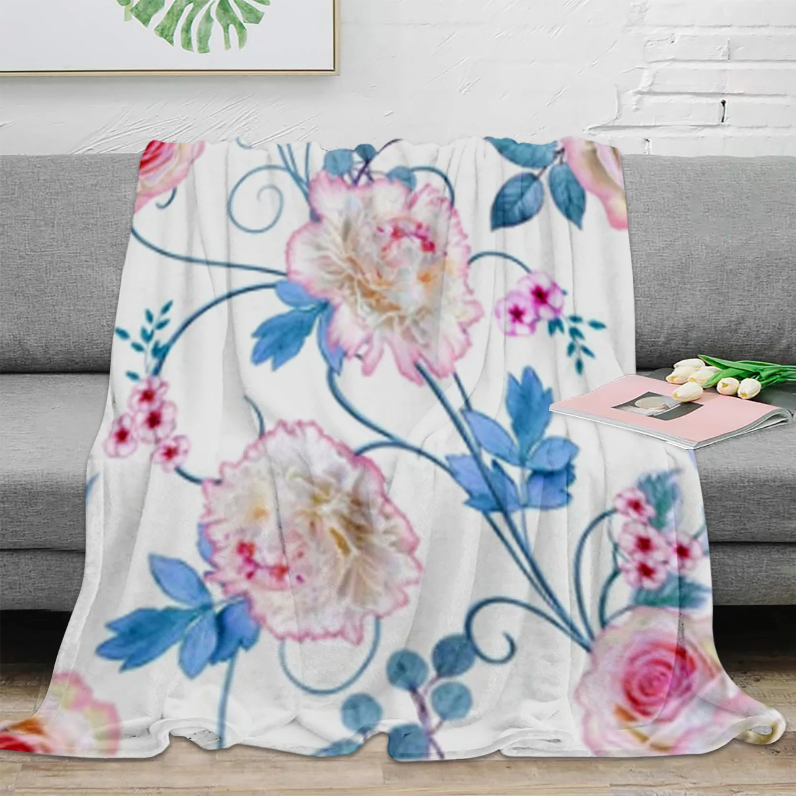 

White Peonies Pink Roses Flannel Blanket Warm Soft Sofa Blanket Winter Sheet Bedspread Camping Travel Blanket