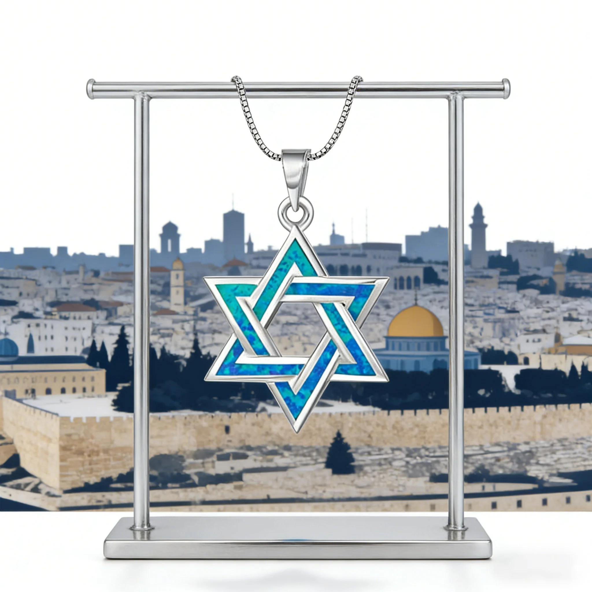 Blauer Feueropal-Halskette mit Davidstern-Anhänger, weißer K-plattierter jüdischer Schmuck, Unisex Judaica-Geschenk, Heilkristall-Halsband als Geschenk für – Detail 6