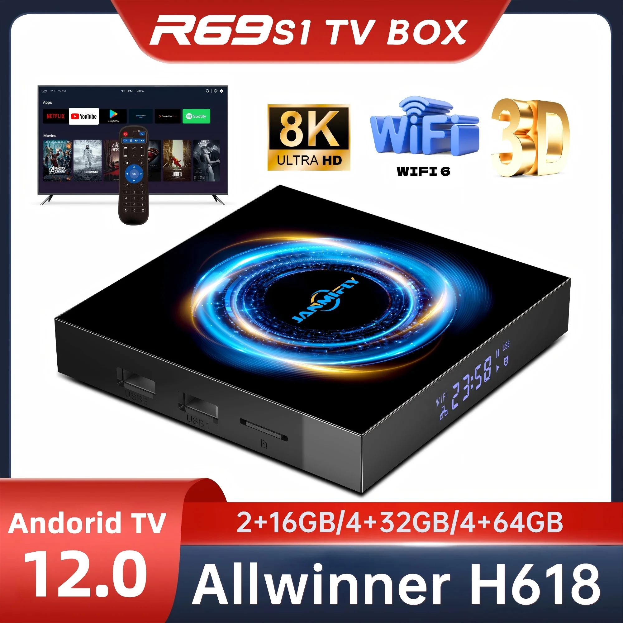 Janmifly Smart TV Box R69S1 Global Version Android 12 Ultra HD 8K Video Bluetooth 5.0 HDR10+ Large Memory Media Player