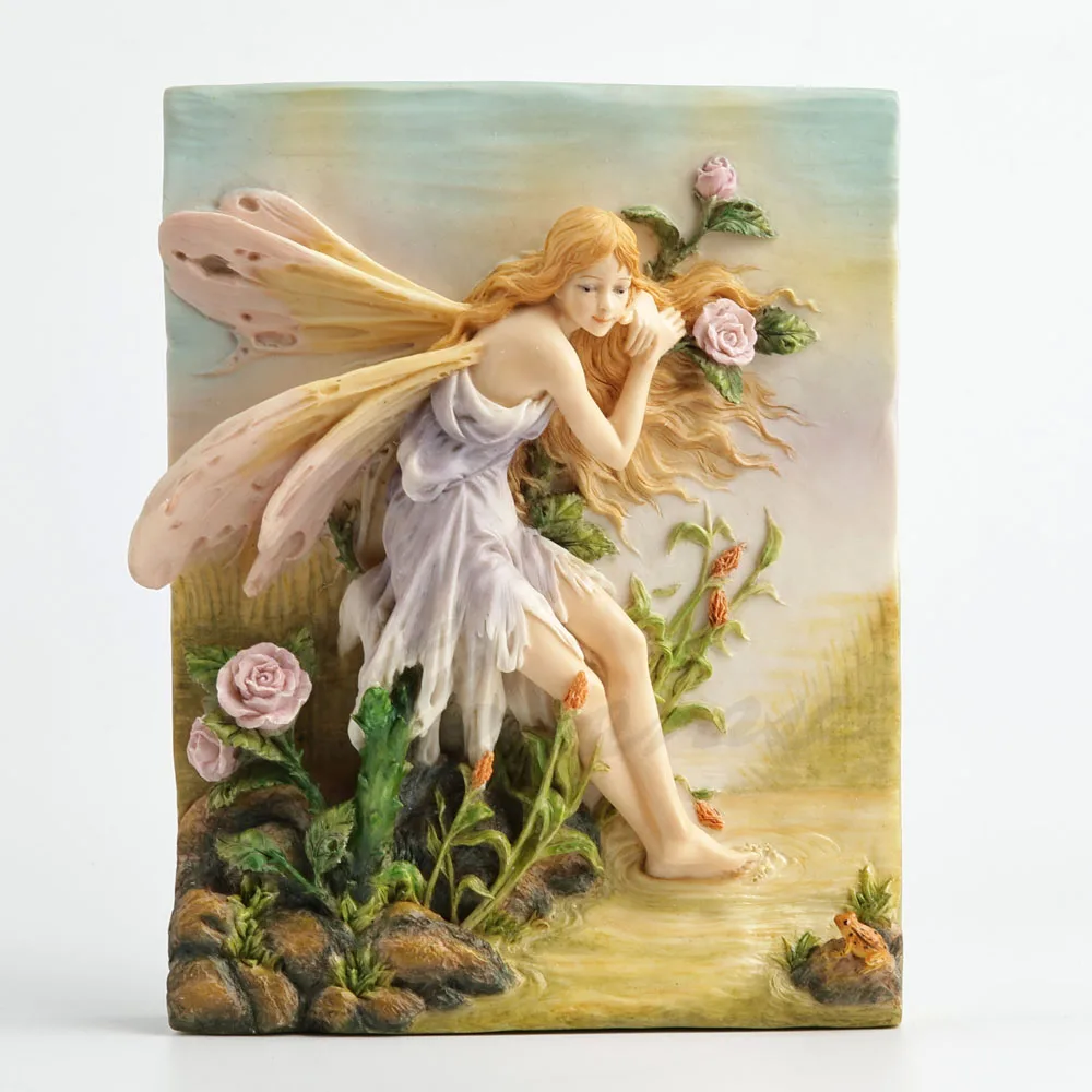Relief Resin Winged Fairy Wall Plaque Figurine with Roses By Stream Fairy Sculpture Wall Hanging Decorative Ornament Home Decor