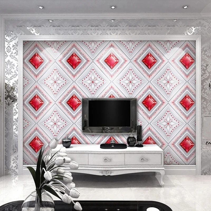 European Luxury Wallpaper 3D Red Jewelry Tiles Photo Mural Paper for Wall Ceiling Home Decor Living Room TV Backdrop Canvas