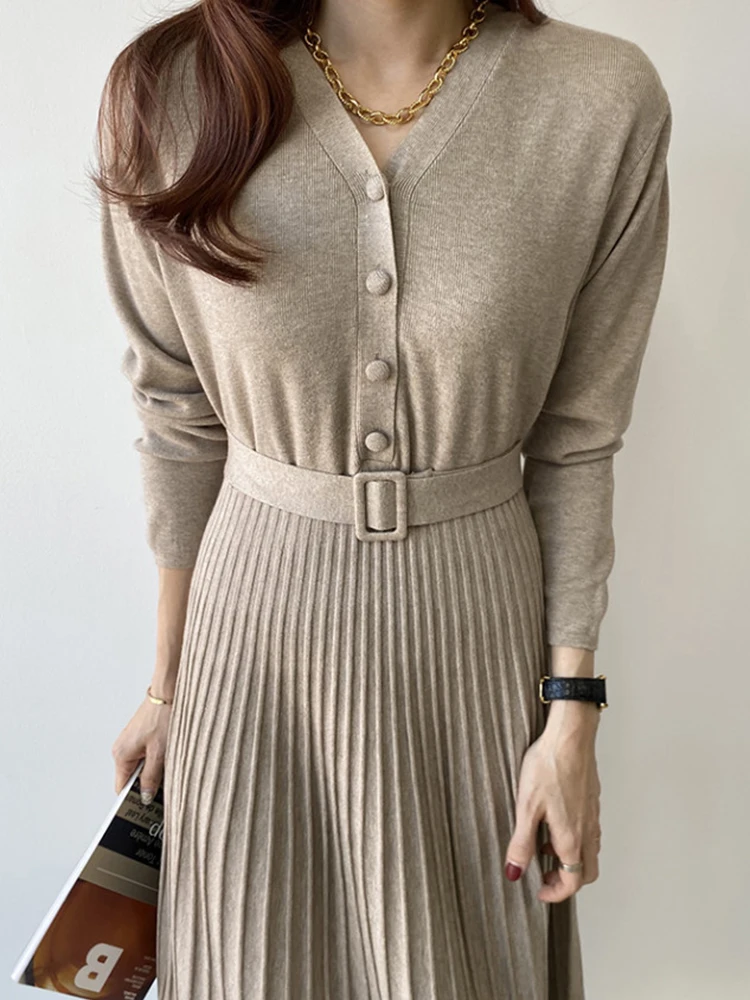 Ele Autumnal Vintage V-Ne ceinturé minceur longue Sve genou-dessus Midi plissé Dr femme Faion trajet Sle